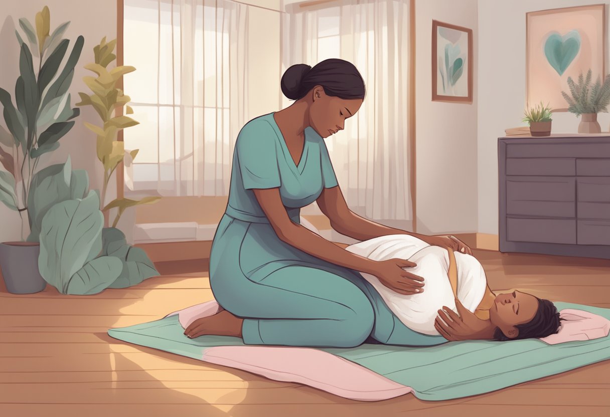 A doula comforting a laboring woman while providing emotional support and guidance during childbirth