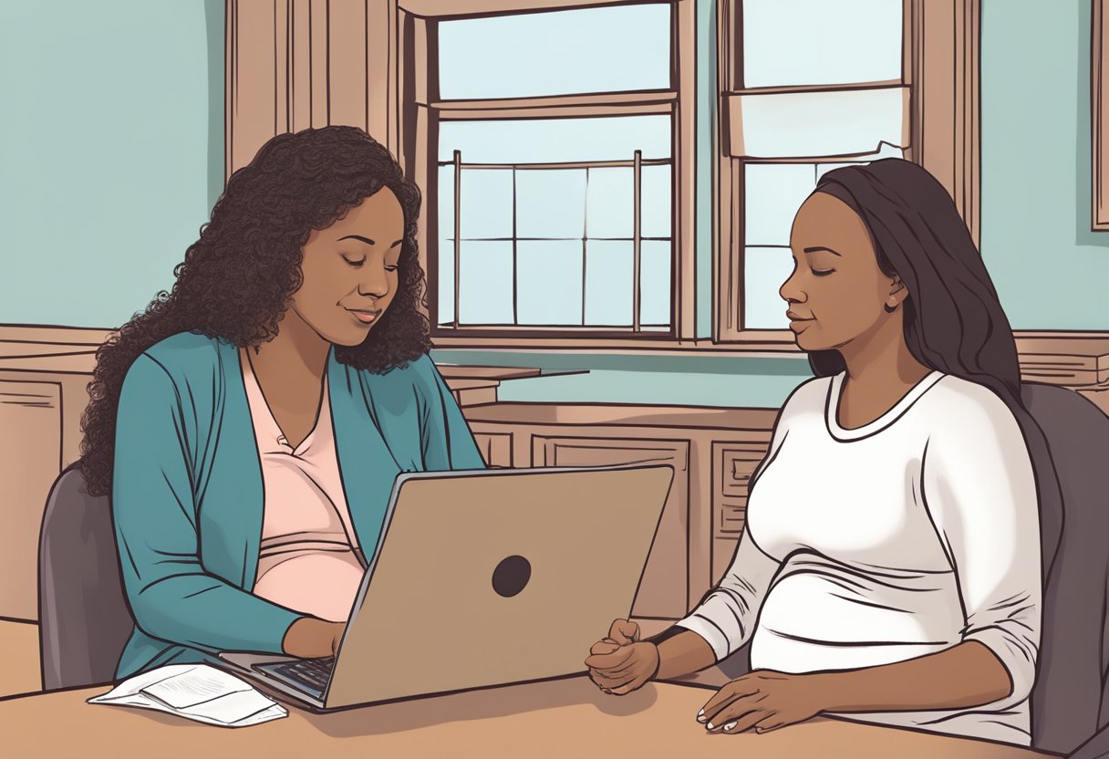 A doula sitting with a pregnant client, discussing legal requirements in New Jersey