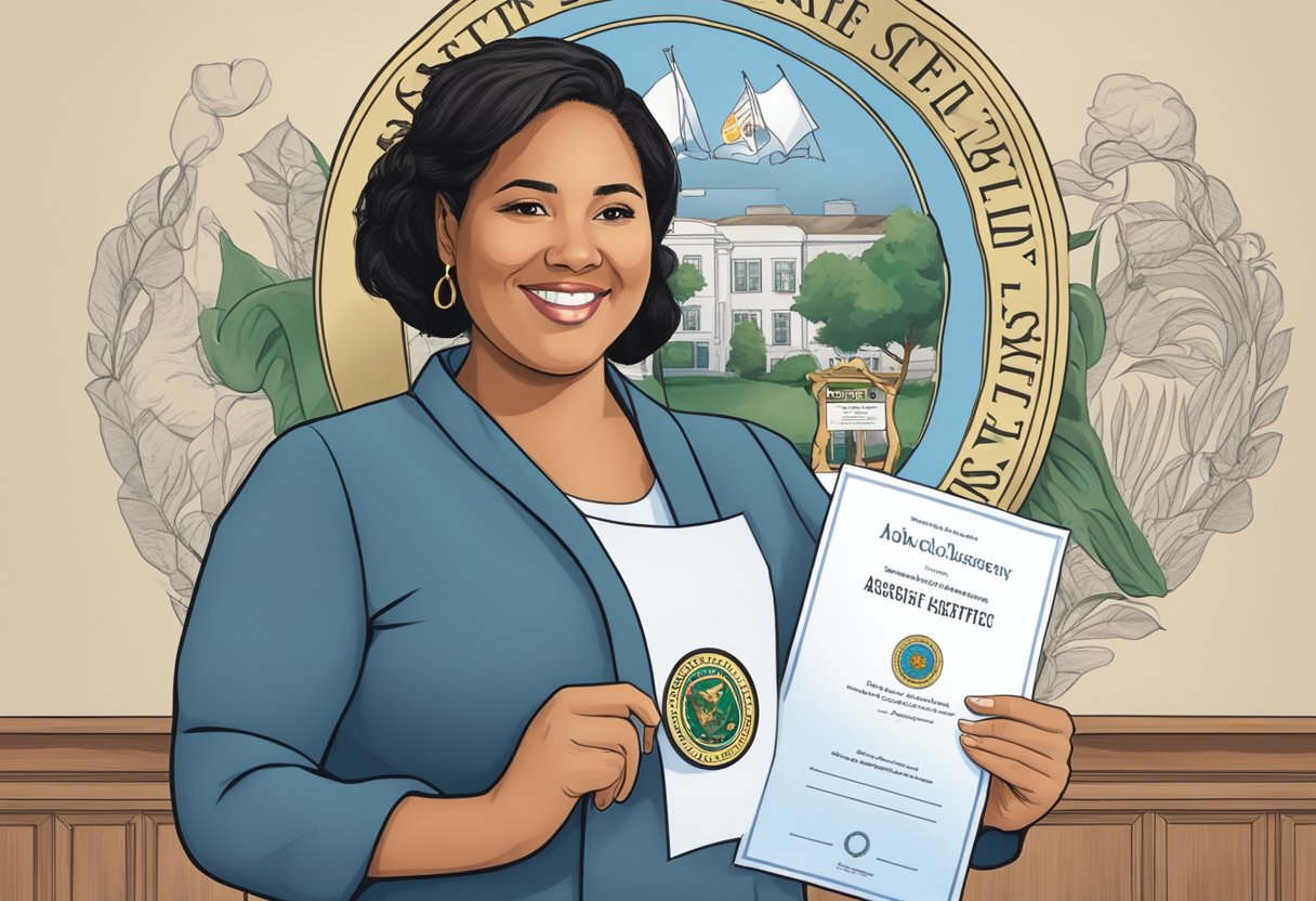 A doula holding a certificate with a New Jersey state seal in the background