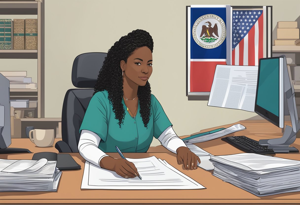 A doula sitting at a desk, surrounded by legal documents and a computer, with a New Jersey state flag in the background