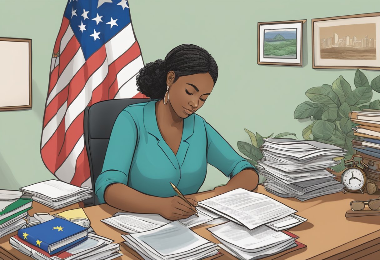 A doula sitting at a desk, surrounded by legal documents and resources, with a New Jersey state flag in the background