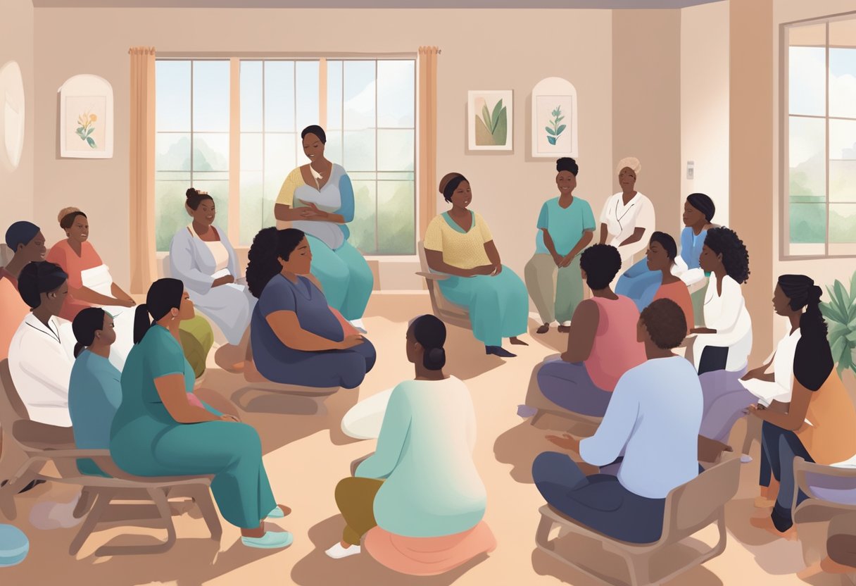 A doula networking at a local birth center, surrounded by expectant parents and healthcare professionals