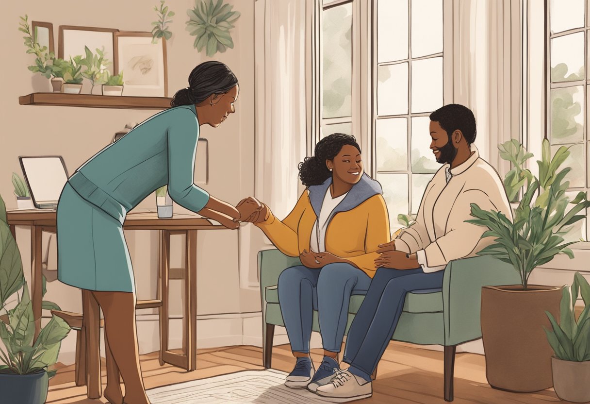 A doula warmly greeting a new client in a cozy New Jersey office, with a comforting atmosphere and a sense of trust and connection