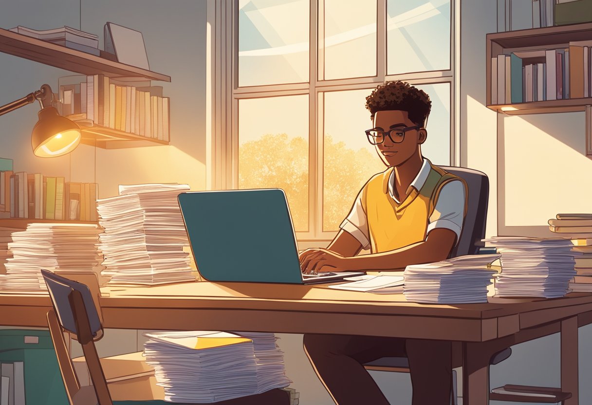 A student sitting at a desk, surrounded by paperwork, a laptop, and various financial aid application forms. Sunshine streams through the window, casting a warm glow on the scene