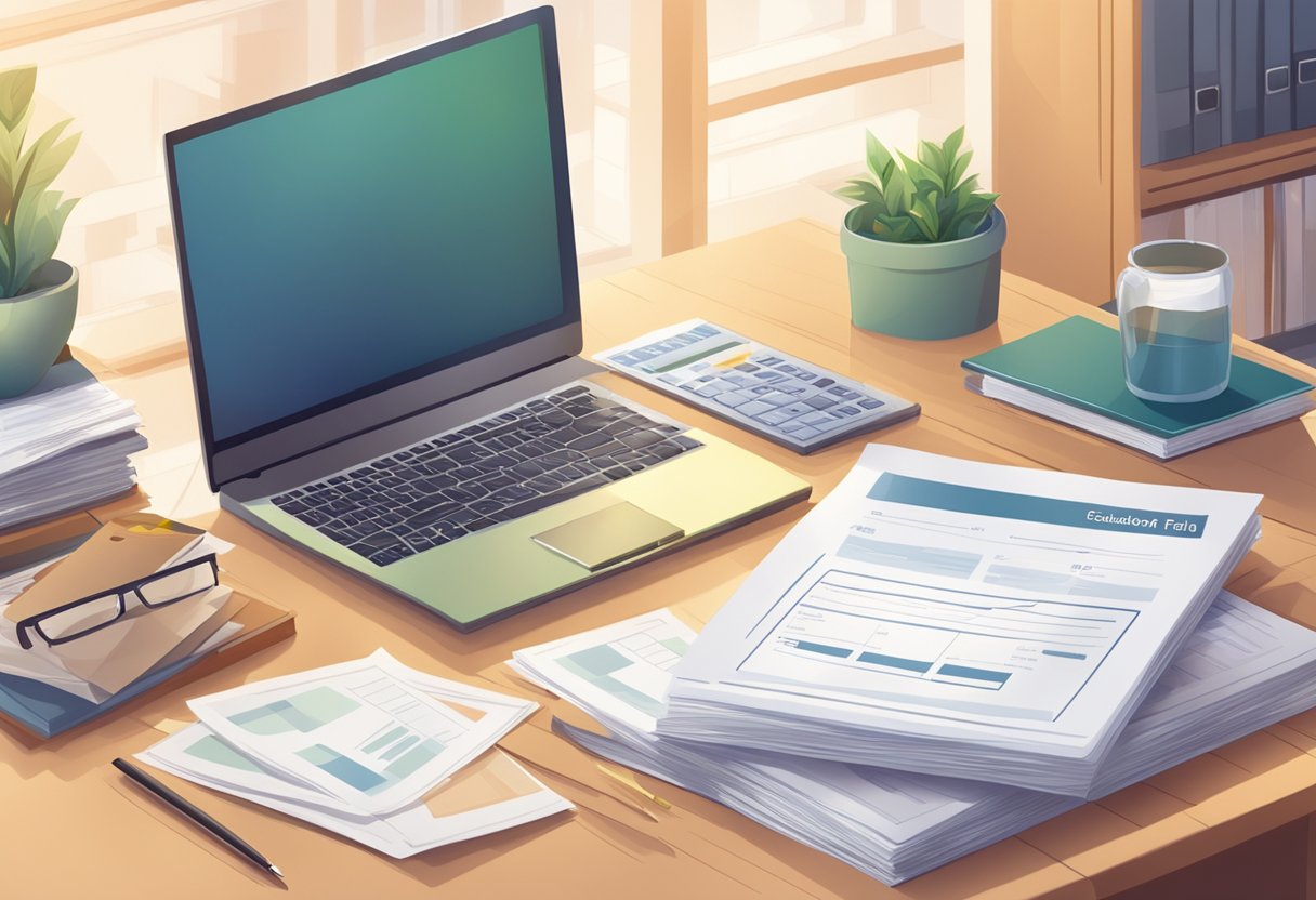 A table with educational materials, a computer with scholarship information, and a stack of financial aid forms in a cozy office setting