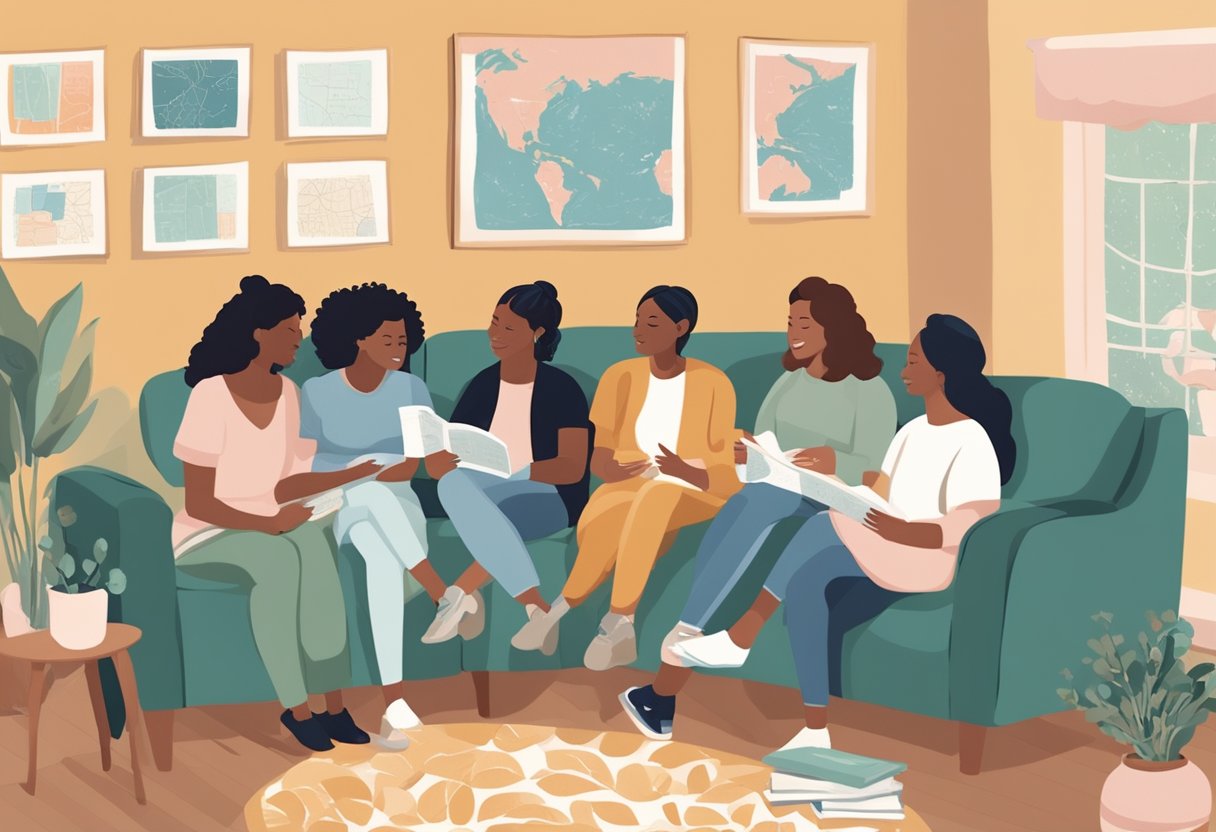 A group of doulas gather in a cozy living room, sharing stories and offering support. A map of New Jersey hangs on the wall, surrounded by colorful brochures and flyers