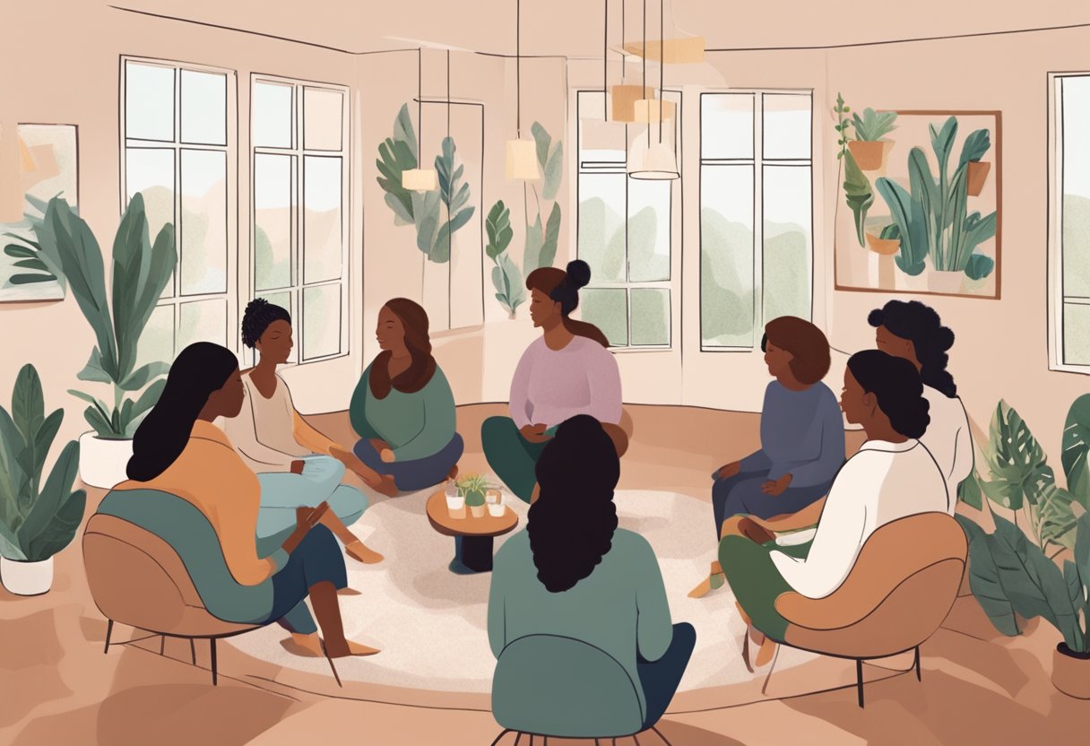 A group of doulas gather in a cozy meeting space, sharing experiences and providing support to each other. A sense of community and solidarity is palpable in the room