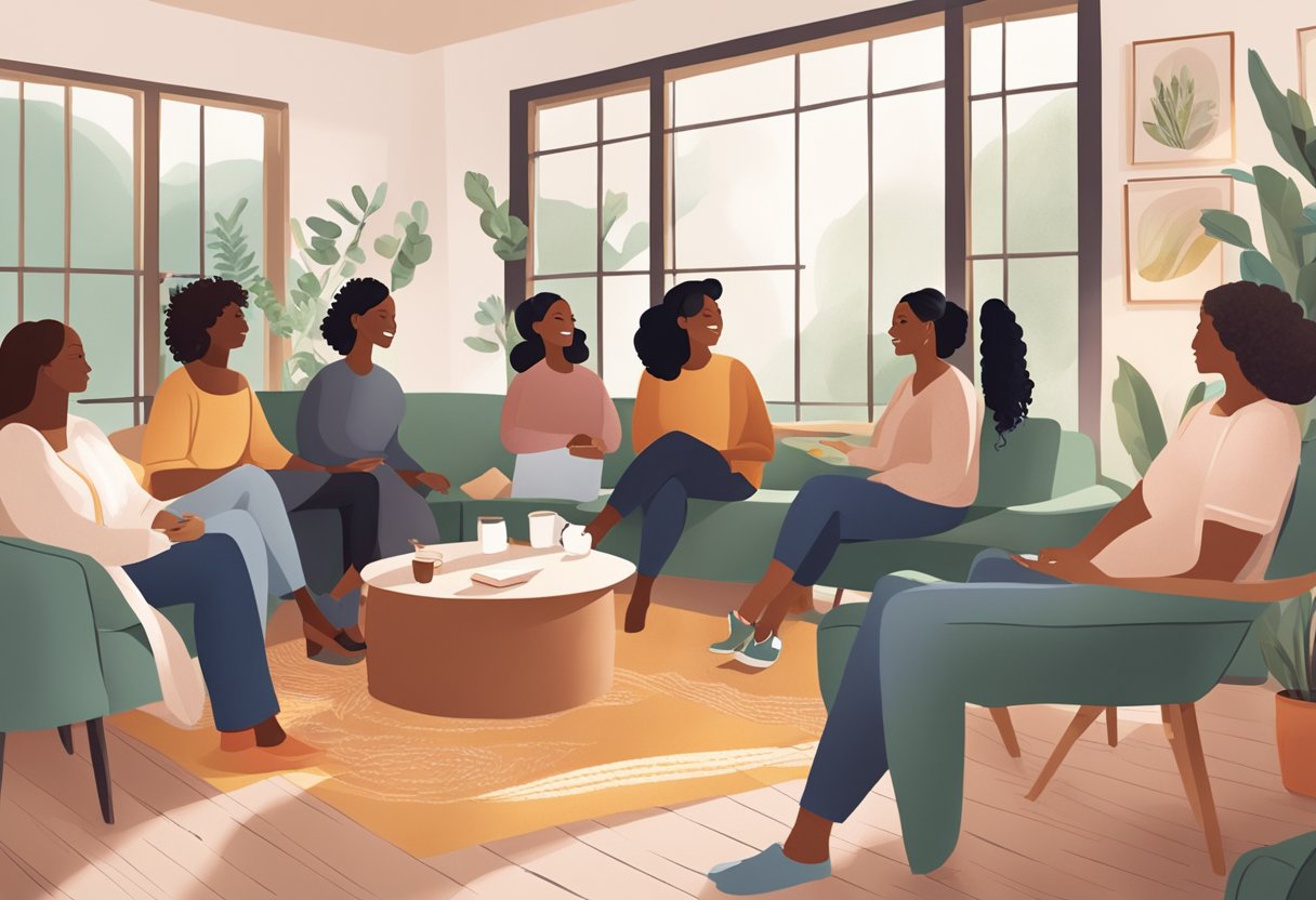 A group of doulas gather in a cozy, well-lit meeting space, sharing experiences and resources. A sense of community and support is evident as they engage in conversation and networking