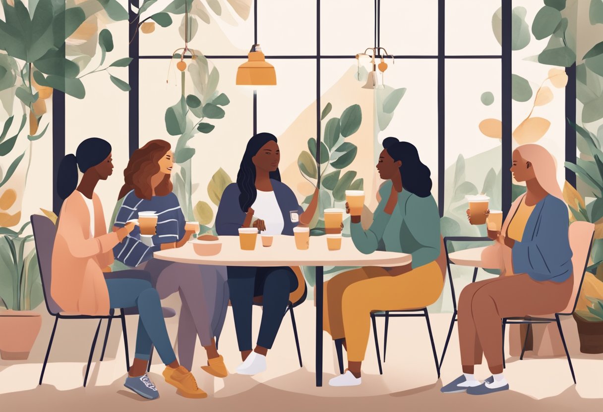 A group of doulas meeting in a cozy cafe, chatting and sharing experiences while sipping on warm drinks