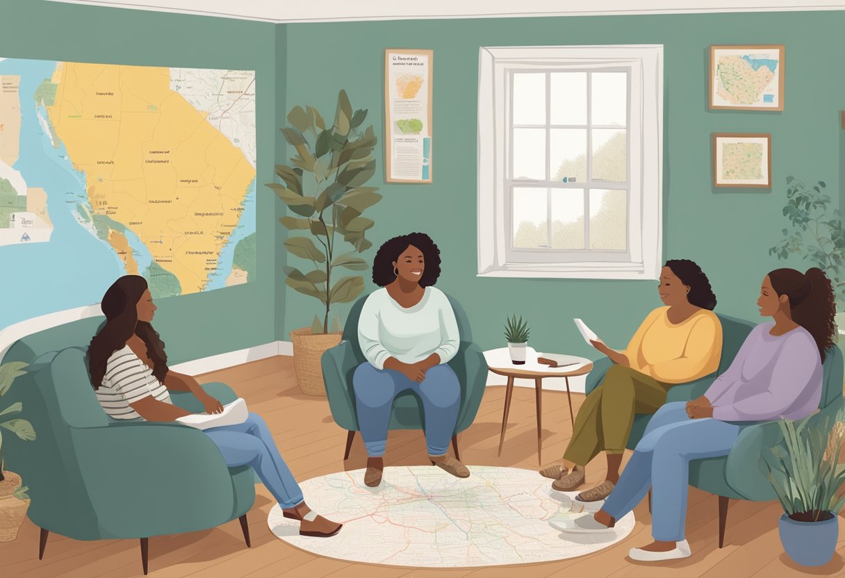 A circle of doulas sitting in a cozy room, sharing experiences and resources. A map of New Jersey on the wall with pins marking support group locations