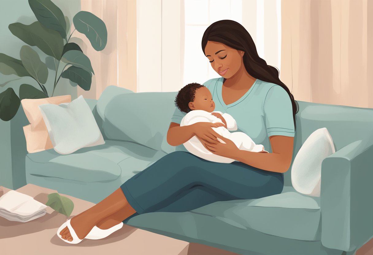 A postpartum doula sits with a new mother, offering emotional support and guidance. The doula gently holds a newborn baby, creating a nurturing and comforting atmosphere