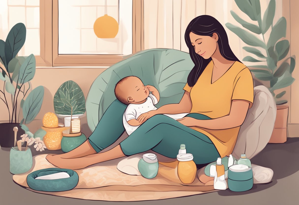 A postpartum doula sitting with a new mother, offering support and guidance while surrounded by baby care items and a cozy, nurturing environment