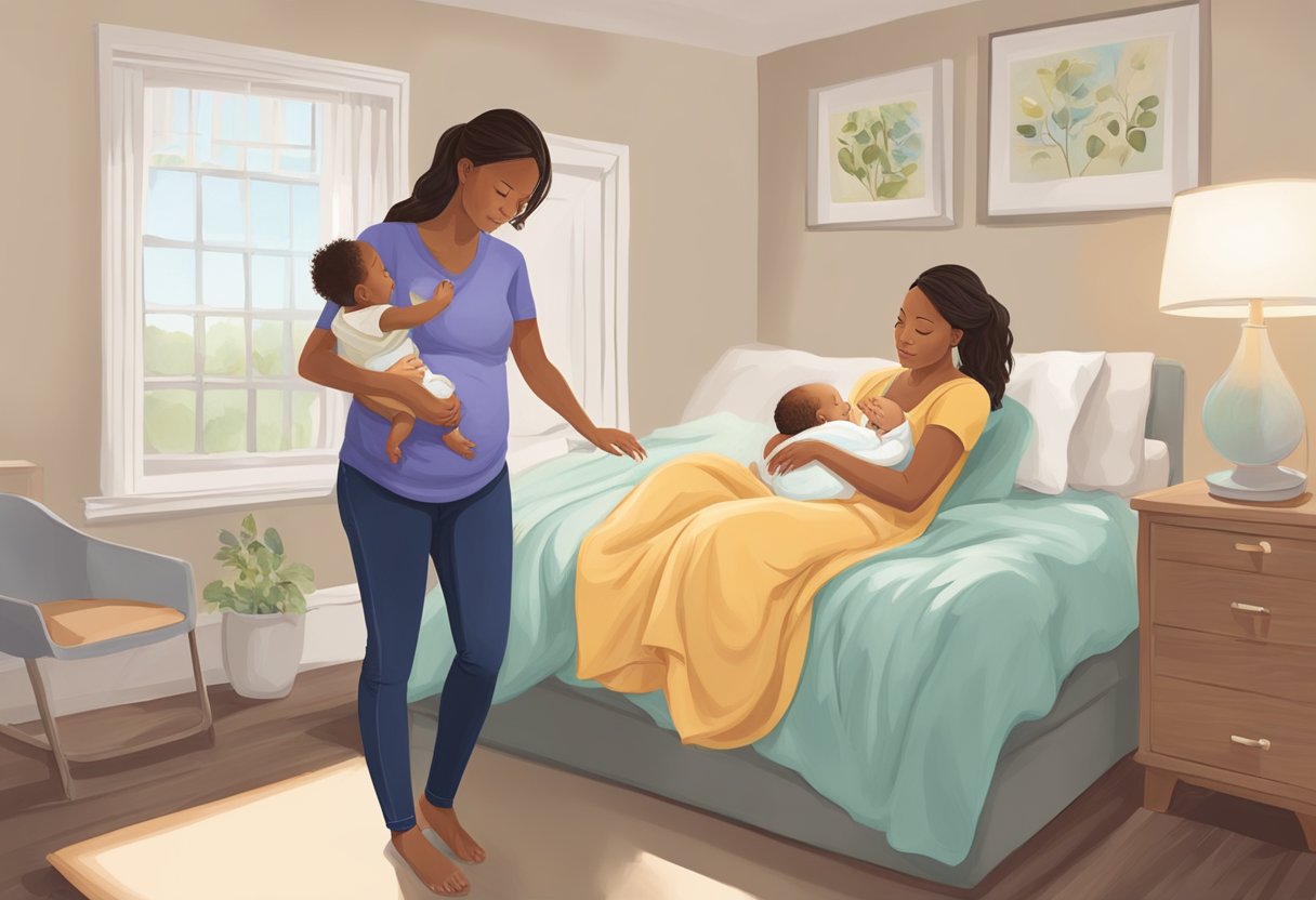 A postpartum doula in New Jersey supports a new mother, providing emotional and practical assistance in a warm and comforting environment