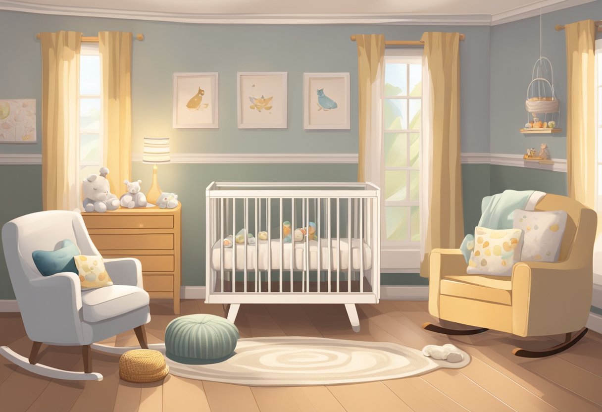 A cozy nursery with soft lighting, a rocking chair, and a crib. A basket of baby essentials sits nearby, and a warm, nurturing atmosphere fills the room