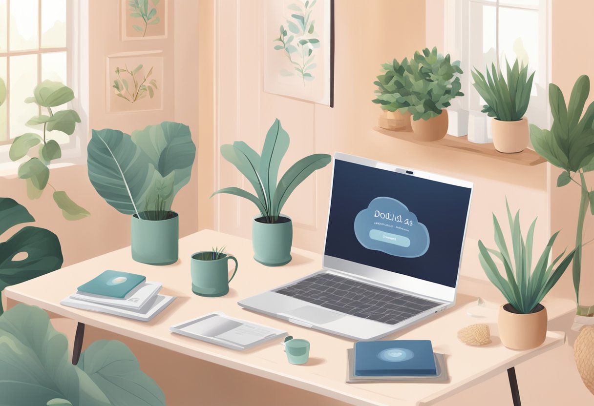 A laptop displaying a virtual doula service website, surrounded by calming decor and a cozy atmosphere