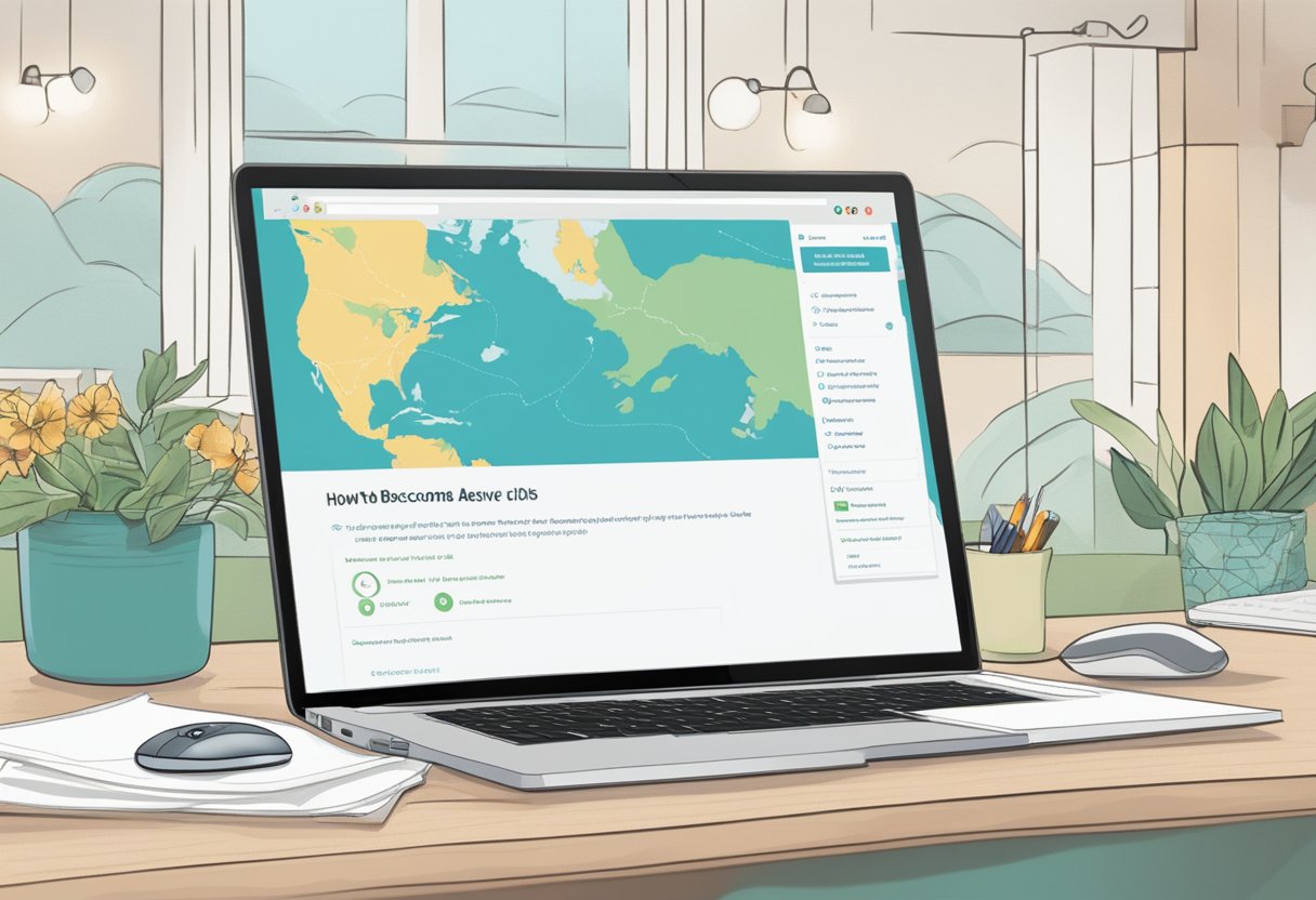 A laptop displaying a virtual doula service website with a New Jersey map and a computer mouse clicking on a "How to Become a Virtual Doula" link