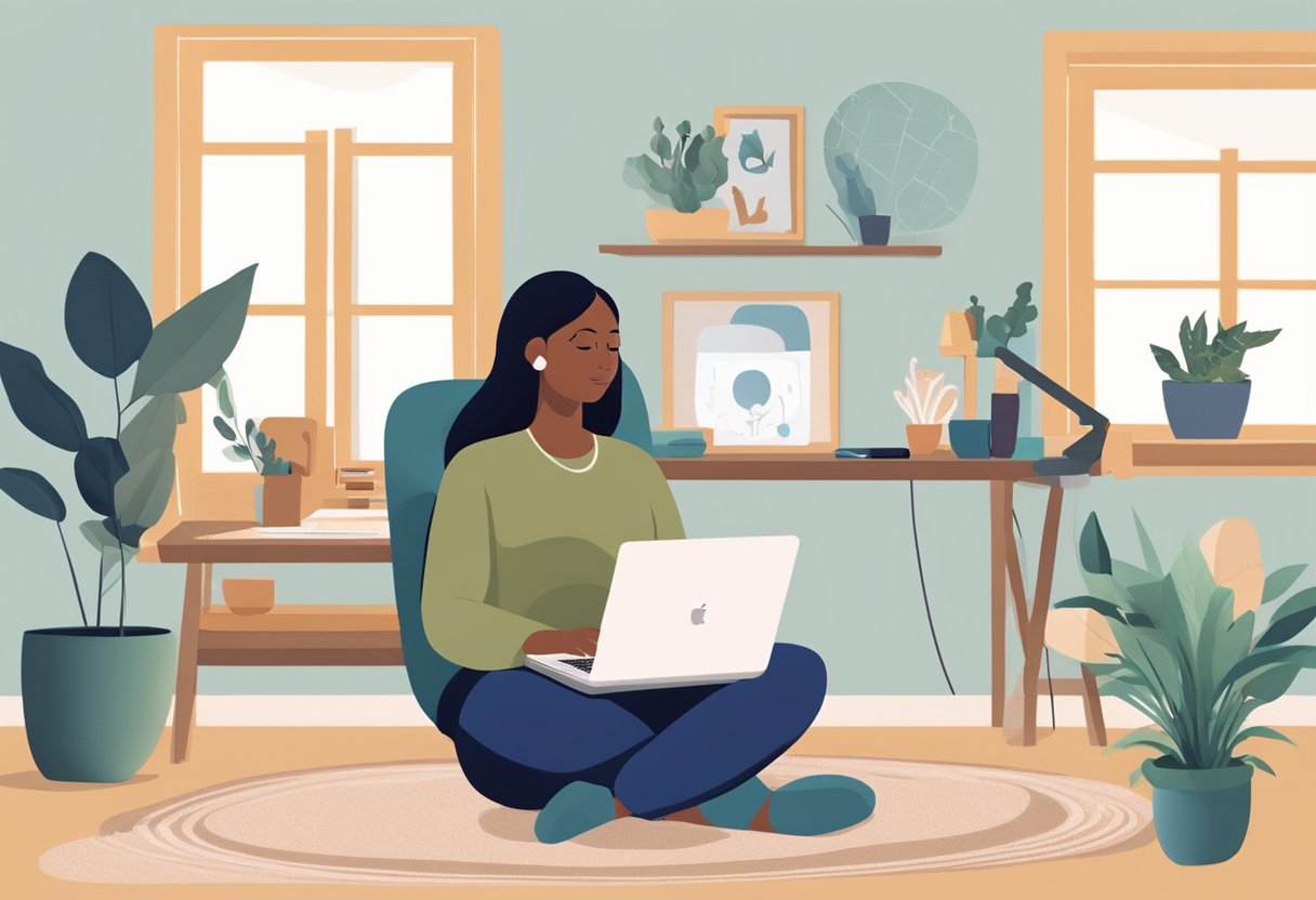 A serene virtual doula conducting a video call with a client, surrounded by a calming and supportive environment, with a laptop and essential doula tools nearby