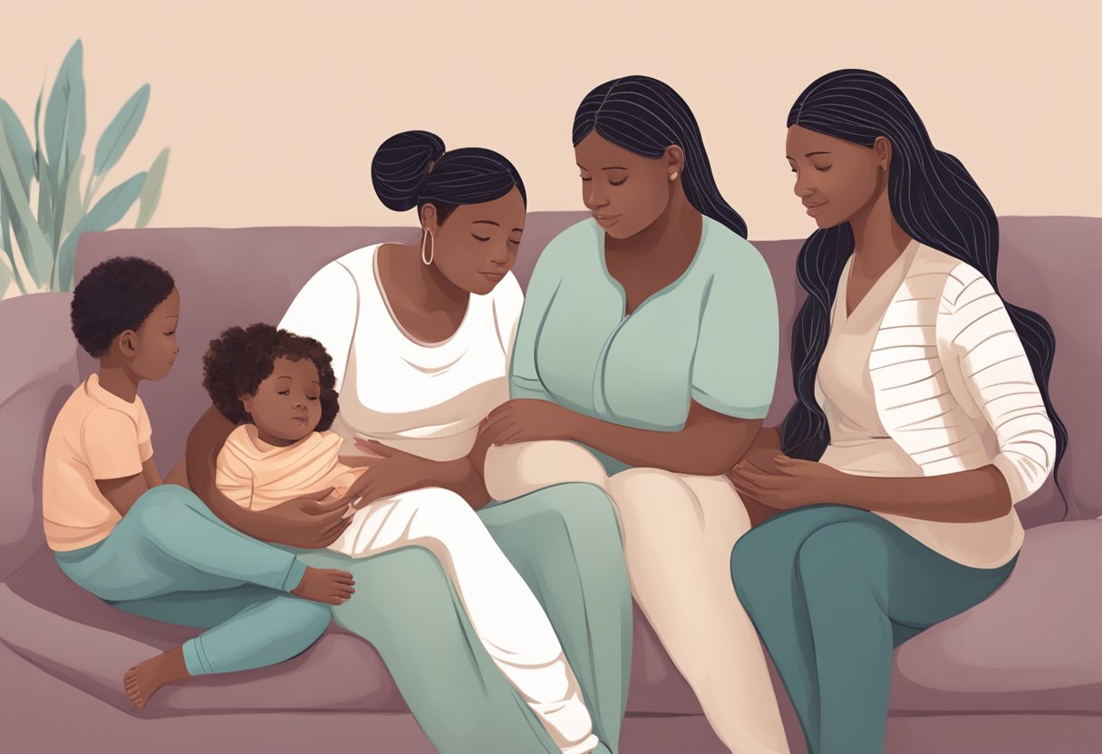 A doula sits with a couple, offering support as they navigate fertility challenges. Another doula comforts a grieving family. A third doula helps a child adjust to a new sibling