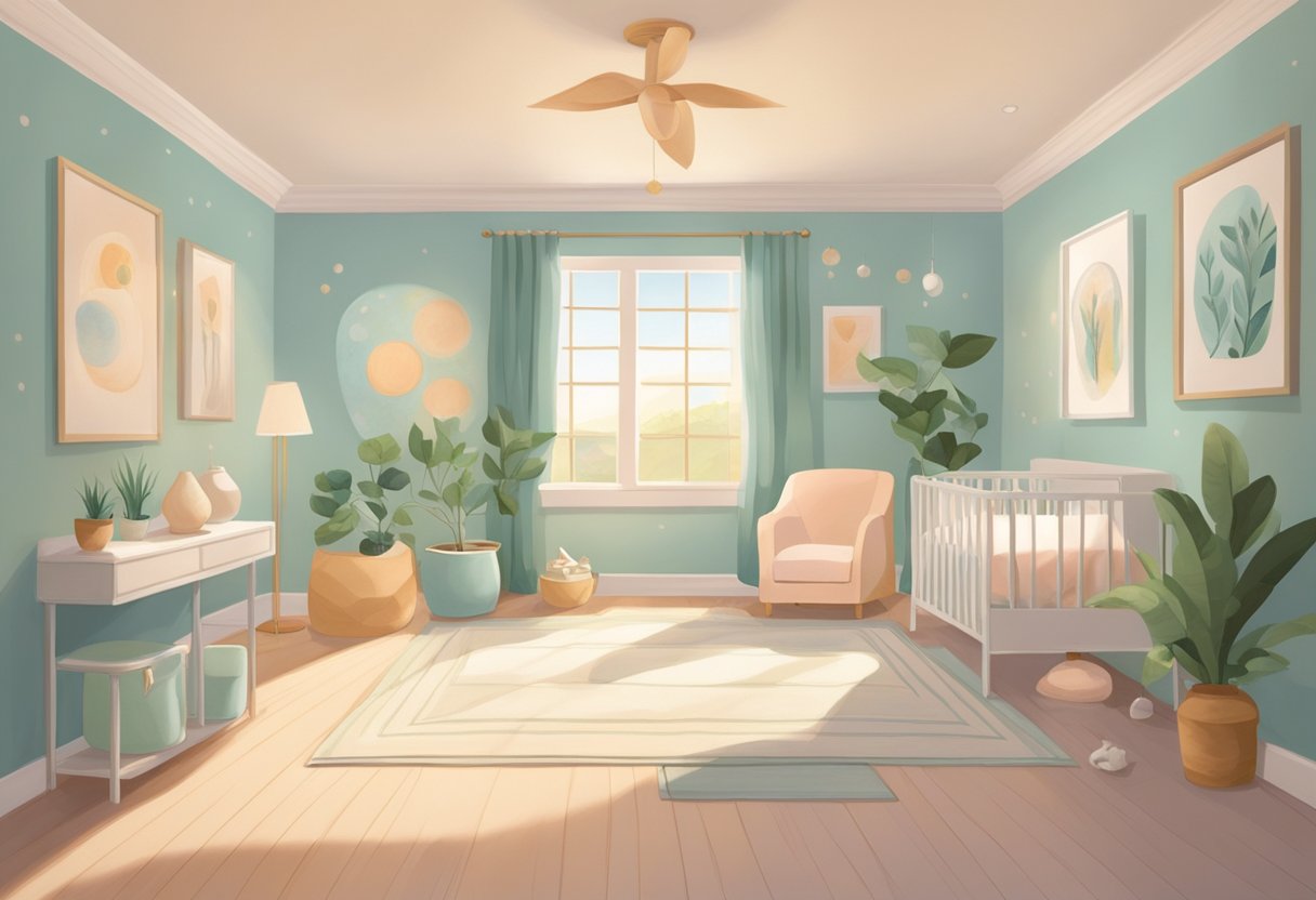 A serene, sunlit room with three distinct areas: one for fertility, one for bereavement, and one for sibling doula services. Each area is decorated with relevant symbols and soothing colors