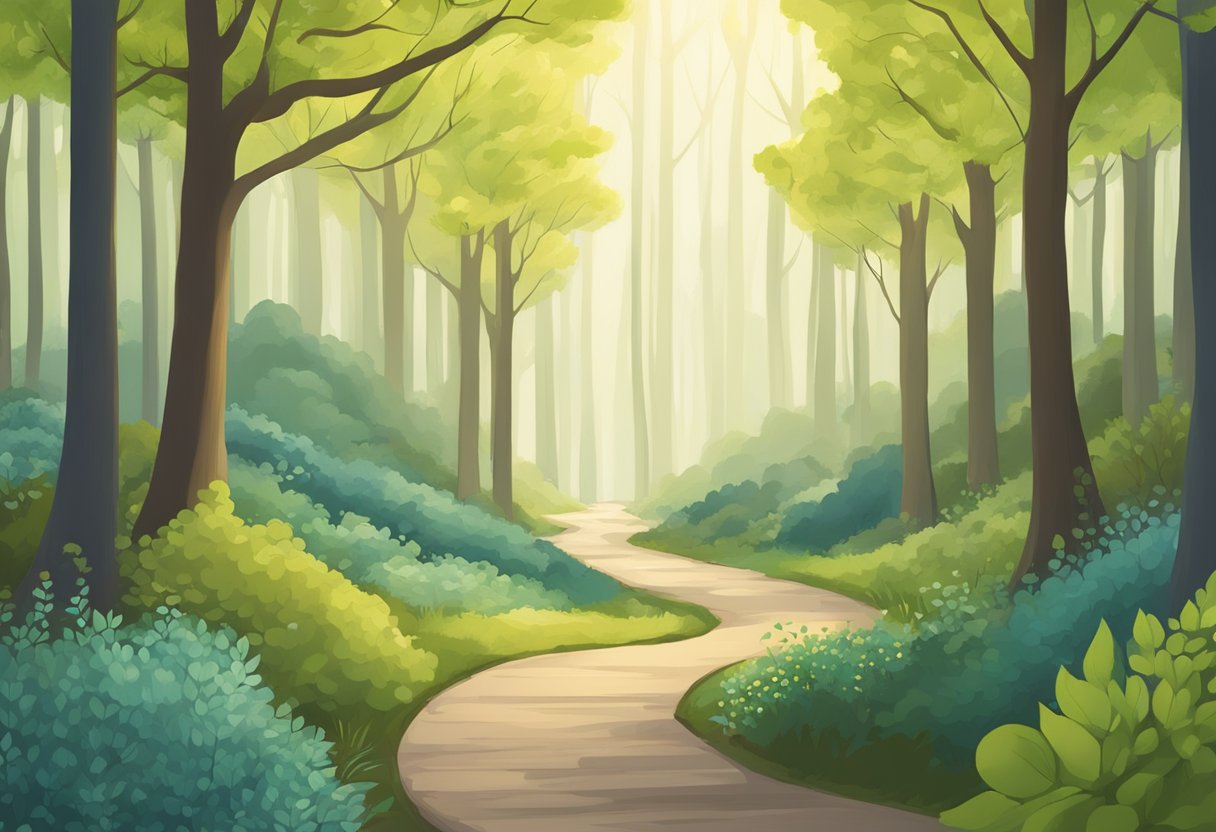 A serene forest path with three distinct paths branching off, each leading to a different specialization: Fertility, Bereavement, and Sibling Doula certification in New Jersey