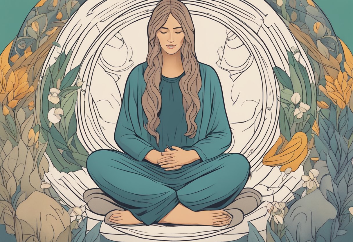 A serene doula sitting in a circle, offering support to individuals with different needs, surrounded by symbols of fertility, grief, and siblinghood