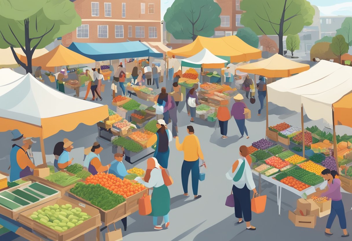 A bustling farmers' market in New Jersey, with colorful stalls and happy customers. A doula is engaging with potential clients, sharing information and building connections