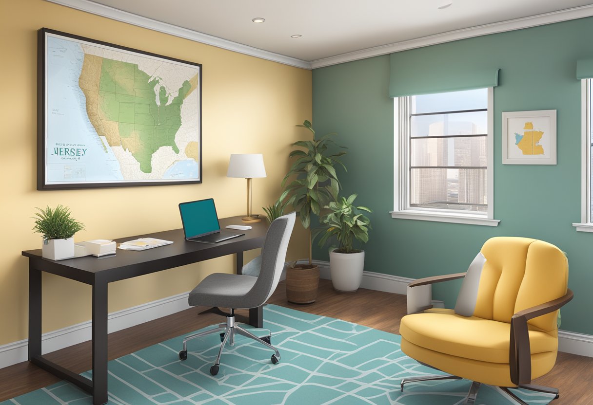 A cozy, welcoming office space with a comfortable seating area, a desk with promotional materials, and a large map of New Jersey on the wall