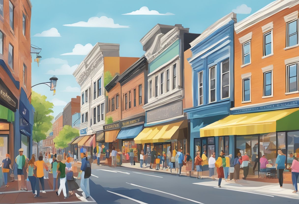 A bustling street in New Jersey, with vibrant storefronts and busy foot traffic. A colorful array of marketing materials displayed outside local businesses