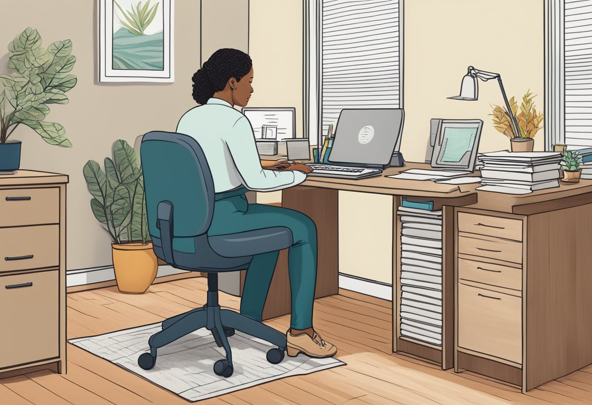 A cozy office with a desk, computer, and filing cabinet. A doula consults with a client, discussing insurance options in New Jersey