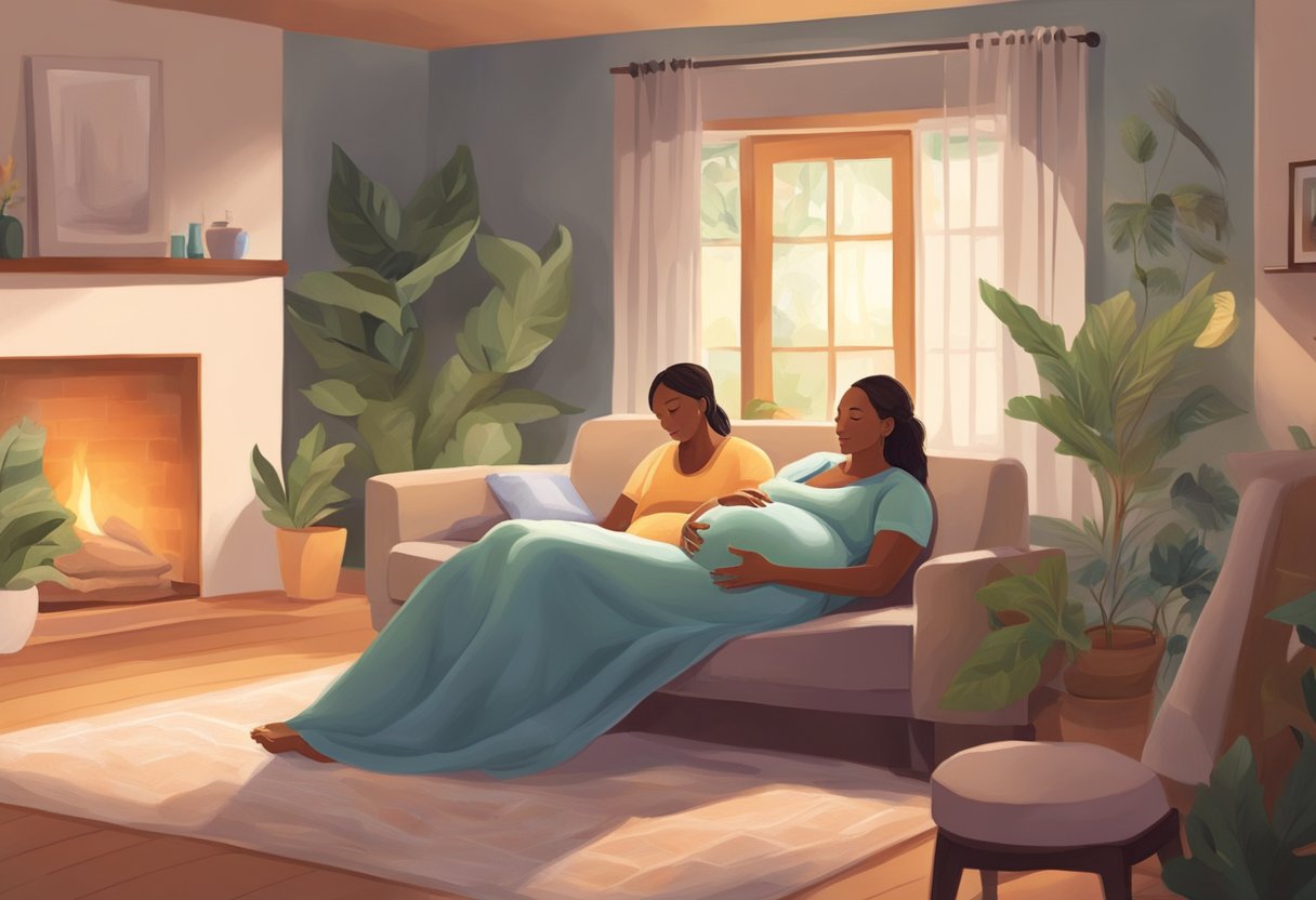 A serene, comforting setting with a doula providing support to a pregnant person, surrounded by a warm, welcoming atmosphere