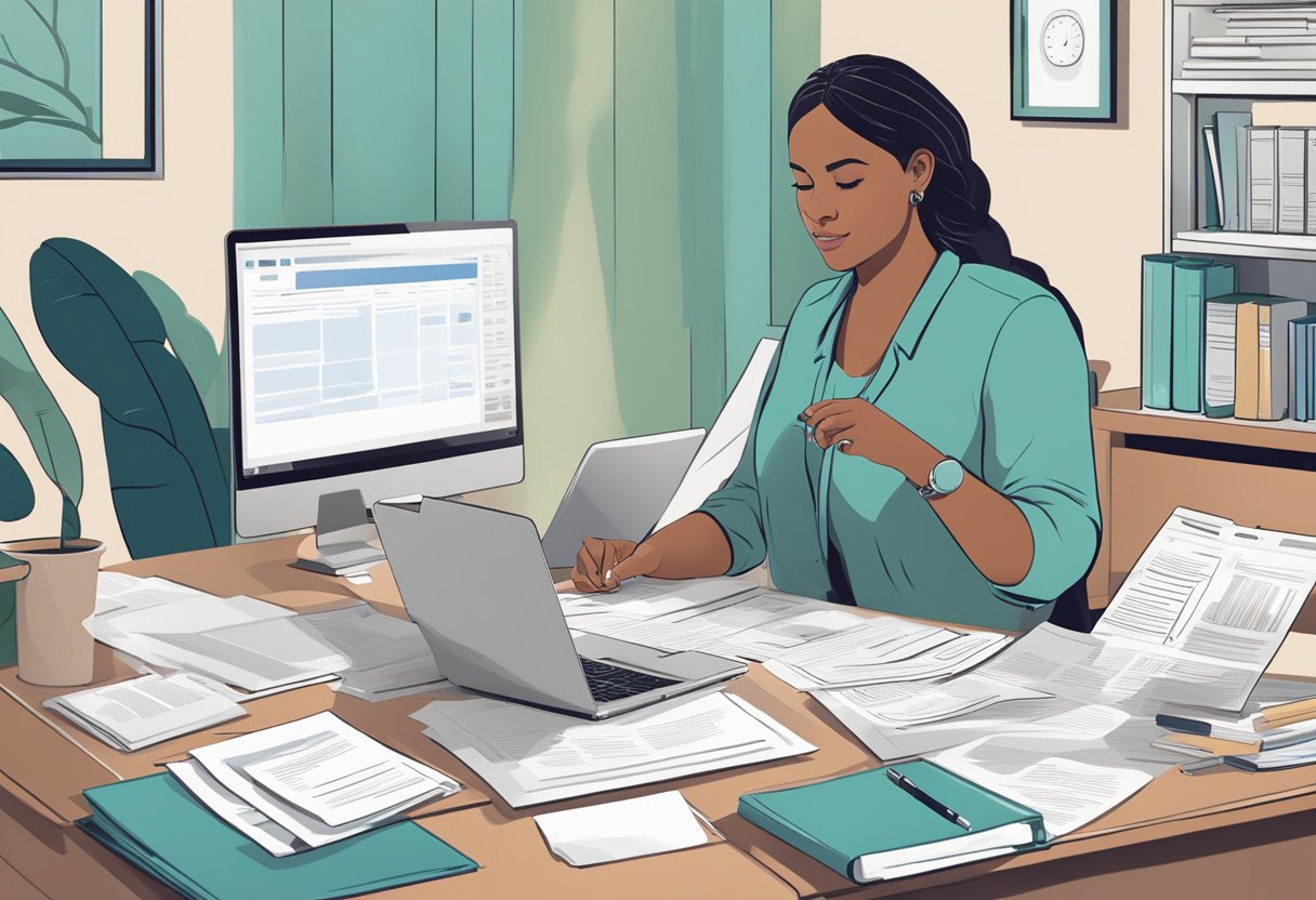 A doula sitting at a desk, filling out paperwork with a laptop open, surrounded by insurance forms and documents