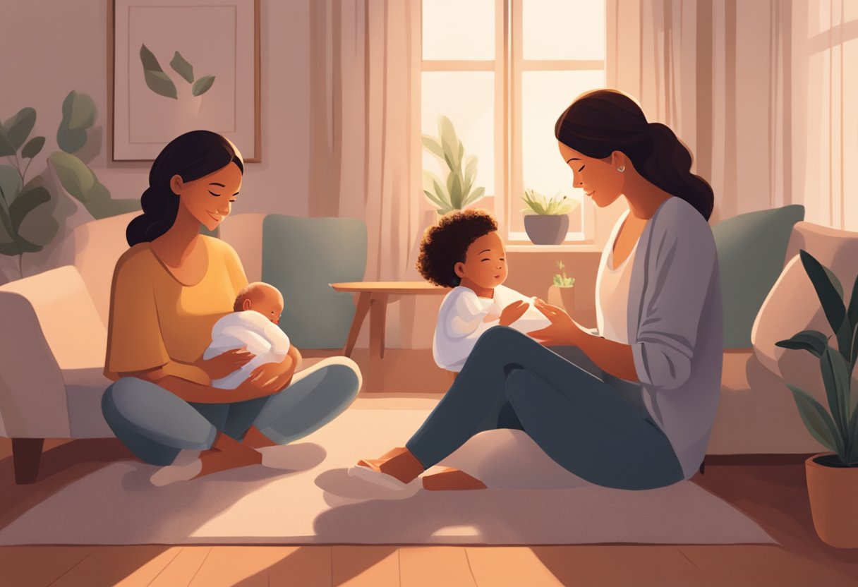 A cozy living room with two women sitting across from each other, one holding a newborn baby and the other offering guidance and support. A warm and nurturing atmosphere with soft lighting