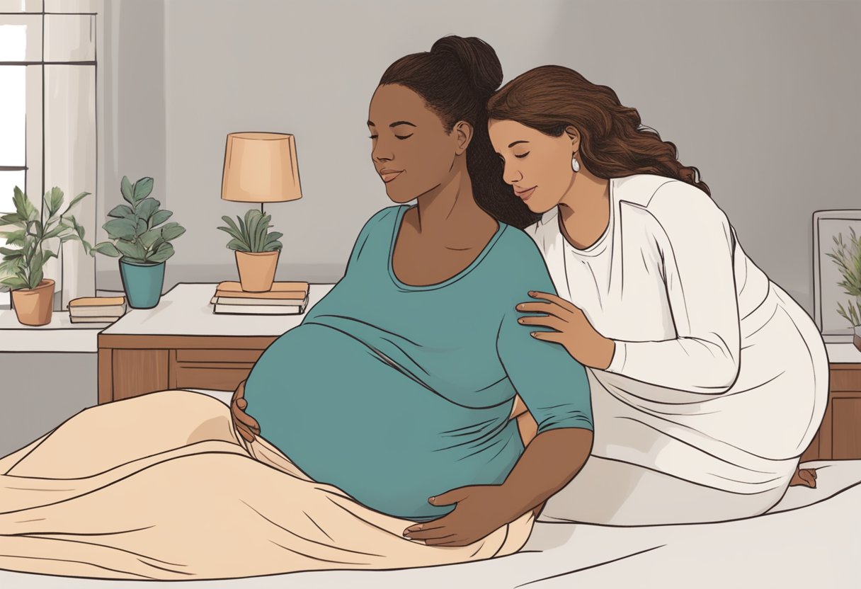 A doula mentor in New Jersey supporting a pregnant person during labor and providing emotional and physical support