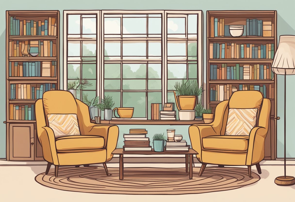 A cozy living room with two chairs facing each other, a warm cup of tea on the table, and a bookshelf filled with doula resources in the background