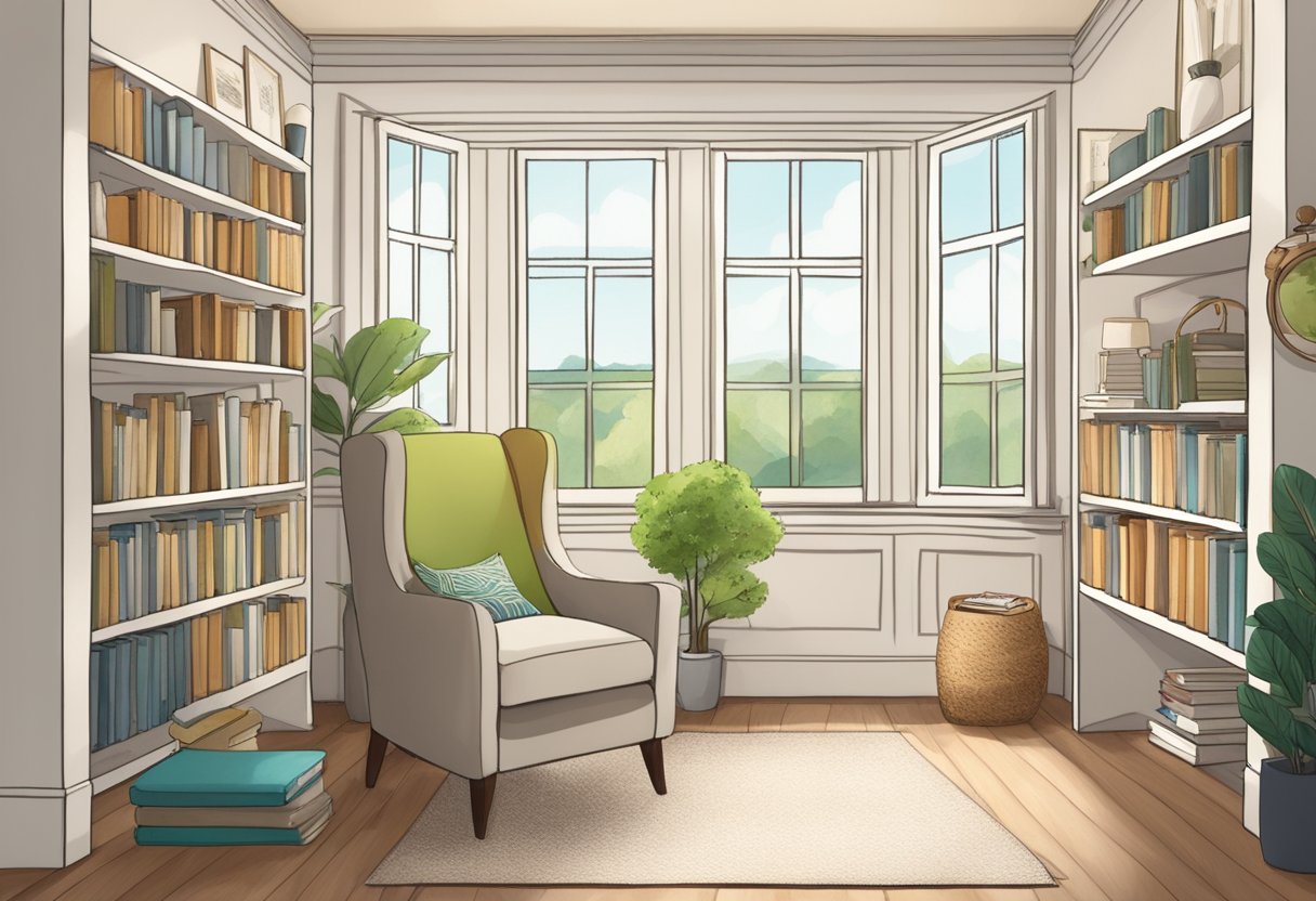 A serene, tree-lined path leading to a welcoming, light-filled space with a cozy chair and a bookshelf filled with resources on doula certification