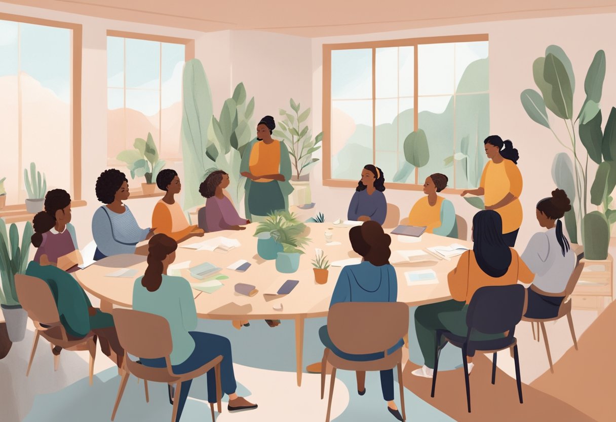 A group of doulas gather in a bright, spacious room for a workshop. Tables are set up with materials for learning and discussion. A sense of camaraderie and focus fills the air