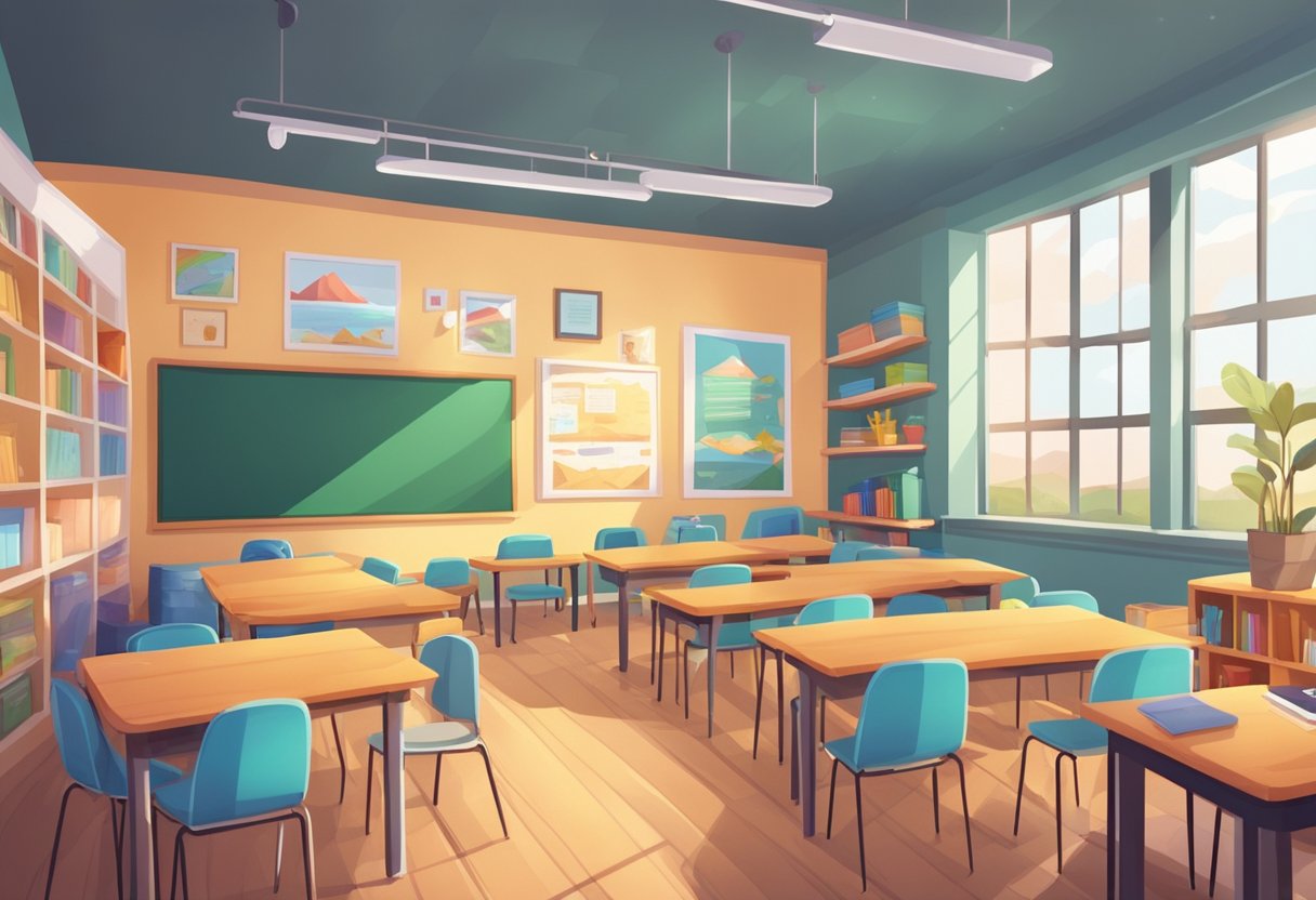 A cozy classroom with colorful posters and comfortable seating. Tables are set up for workshops and resources are neatly organized on shelves