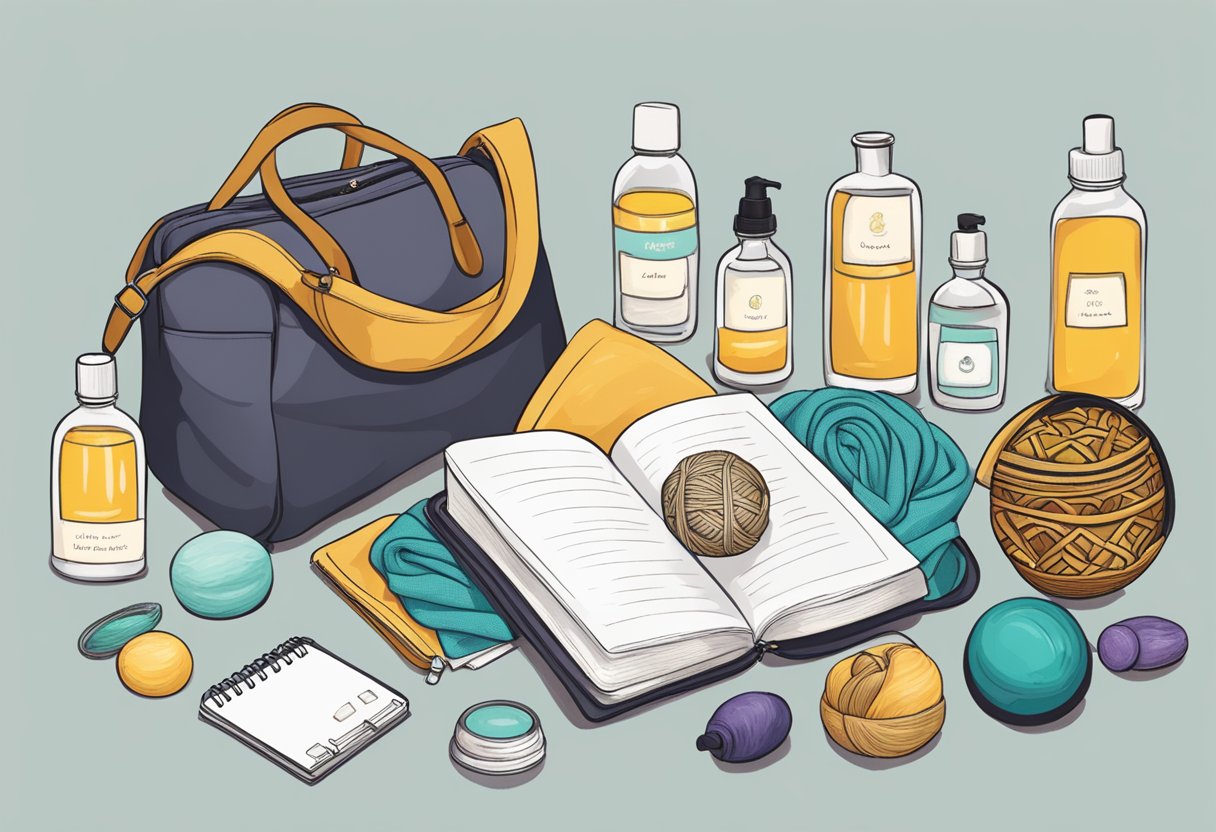 A doula's bag open, revealing essential tools: a birthing ball, massage oils, a rebozo, a comforting blanket, and a notebook for notes