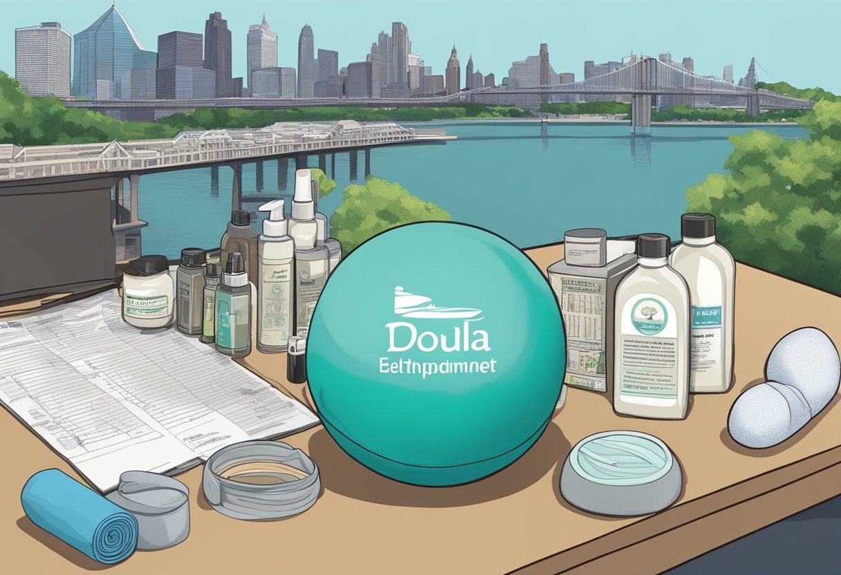 A table with essential doula equipment and tools, such as a birthing ball, massage oils, a fetal doppler, and informational pamphlets, set against a backdrop of New Jersey landmarks