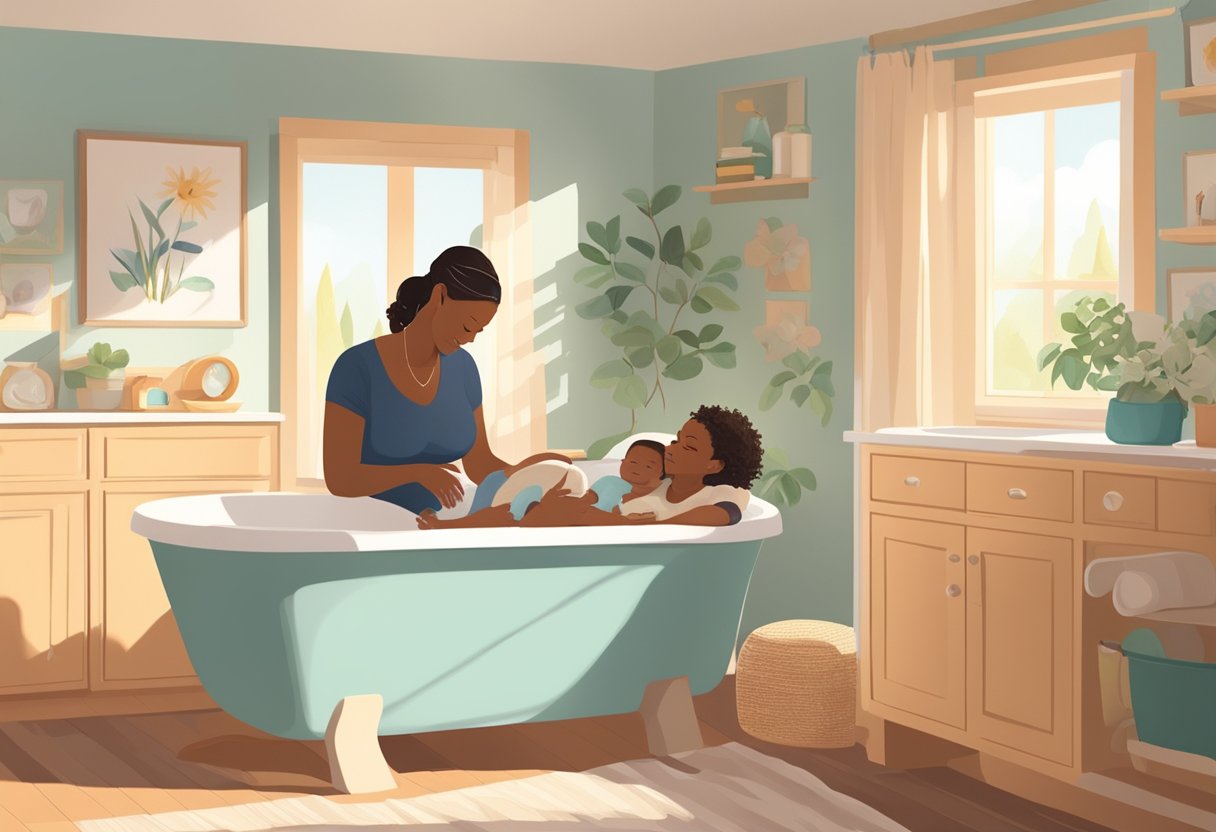 A serene, sunlit room with a comfortable birthing tub, soft music playing, and a supportive doula providing guidance and comfort to an expectant mother