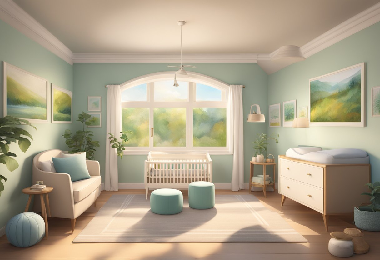 A serene birthing room with soft lighting and comfortable furniture, surrounded by calming nature imagery and soothing music