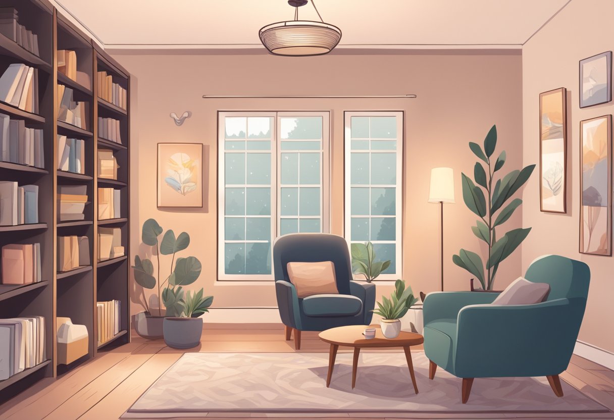 A cozy living room with soft lighting, a comfy chair, and a warm cup of tea. A bookshelf filled with resources on birth and doula services