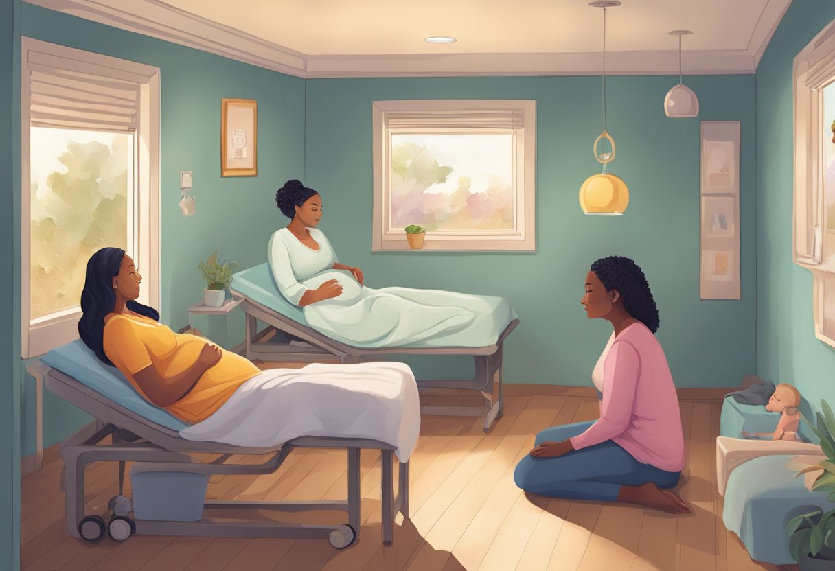 A birthing room with a doula and expectant parents discussing birth plans and comfort measures