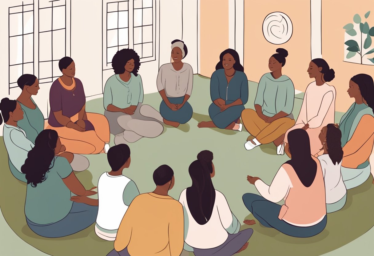 A group of doulas gather in a circle, chatting and sharing resources. A warm, supportive atmosphere fills the room as they connect and build their network