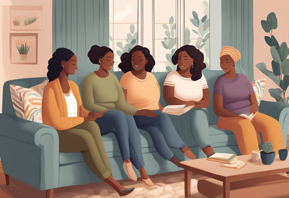 A group of doulas gather in a cozy living room, sharing experiences and offering support to one another. A sense of community and camaraderie is evident in their interactions