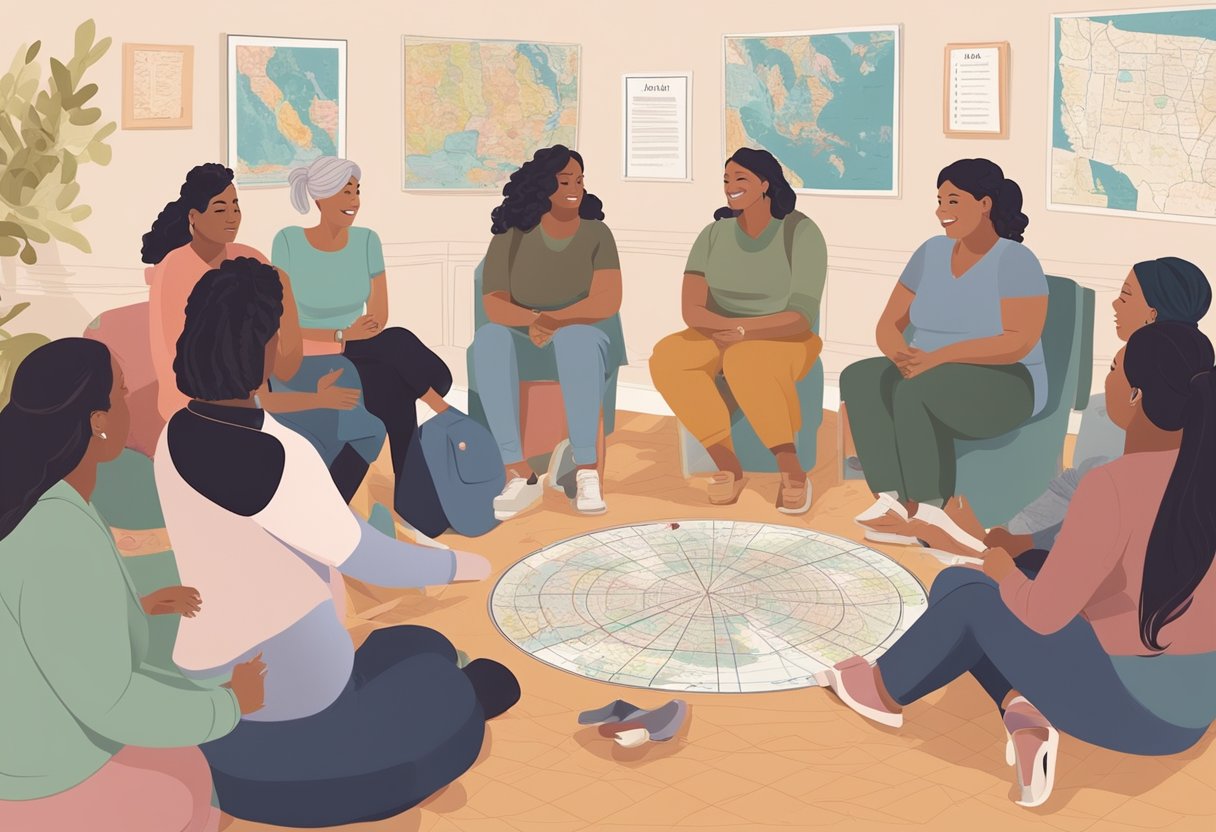 A group of doulas gather in a circle, sharing experiences and knowledge. A map of New Jersey hangs on the wall, with pins marking locations