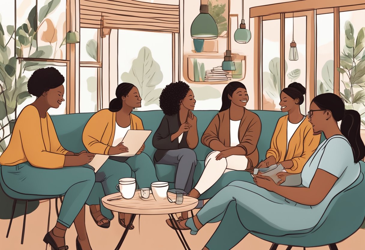 A group of diverse doulas gather in a cozy coffee shop, sharing stories and resources while creating a supportive network