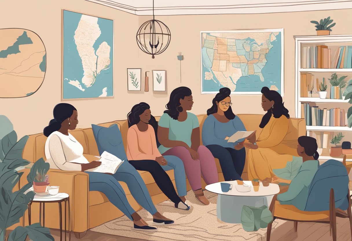 A group of doulas gather in a cozy living room, sharing stories and resources. A map of New Jersey hangs on the wall, with pins marking their locations