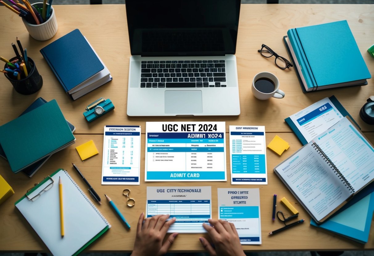 A desk with UGC NET 2024 Admit Card, exam schedule, and city details spread out, surrounded by study materials and a laptop