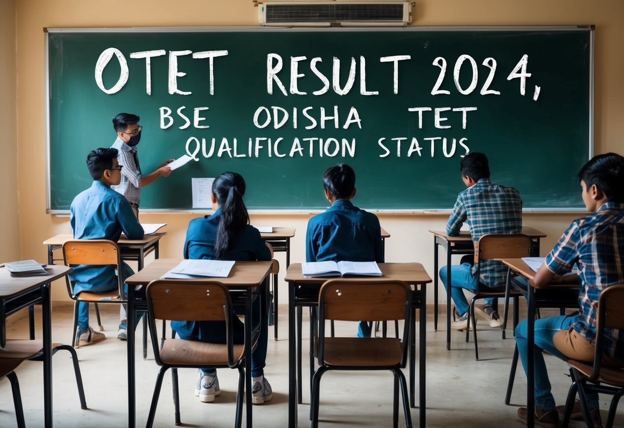 A classroom setting with desks, chairs, and a chalkboard displaying "OTET Result 2024, BSE Odisha TET Qualification Status" with students checking their scorecards and marks